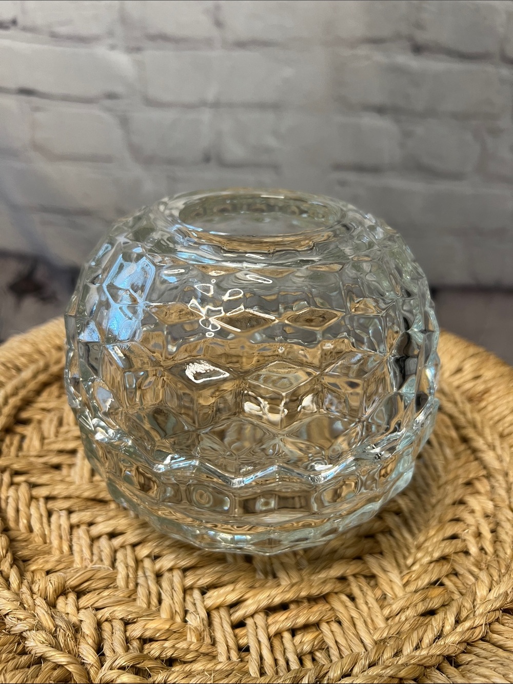 Vintage Indiana cut Homco Glass Fairy Lamp Diamond Cottagecore Votive Holder